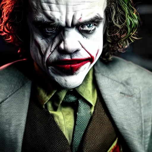 Prompt: stunning awe inspiring peter dinklage as the joker, movie still 8 k hdr atmospheric lighting