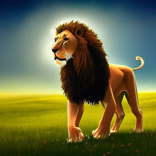 Prompt: full body lion in a meadow, Cartoon for children's book, ArtStation, sharp focus, 4k