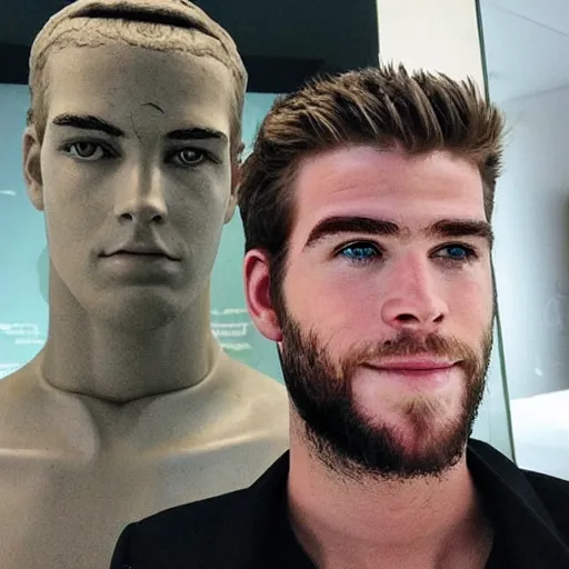 Image similar to “ a realistic detailed photo of a guy who is an attractive humanoid who is half robot and half humanoid, who is a male android, actor liam hemsworth, shiny skin, posing like a statue, blank stare, at the museum, on display ”