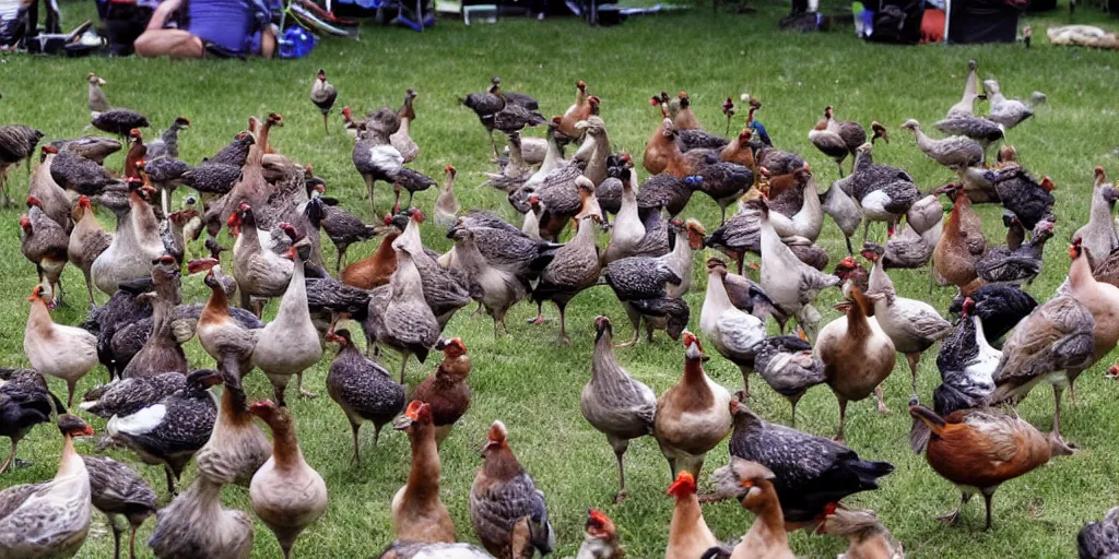 Image similar to summer music festival full of fowl. no humans. tex fowl