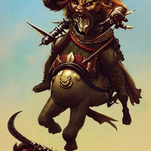 Prompt: ( ( ( brigganock gnome dressed like a musketeer riding a giant tortoiseshell cat ) ) ), d & d, fantasy, medieval, greg rutkowski, frank frazetta, alexandre chaudret, boris vallejo, michael whelan, miro petrov, magali villeneuve