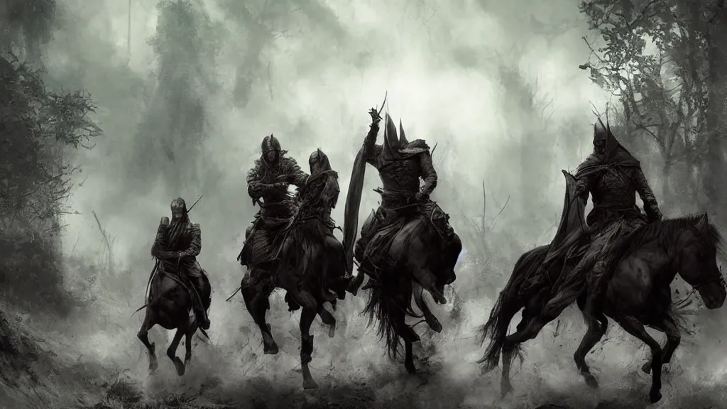 Prompt: dark riders on horse, forest, Nazgûl, lord of the rings digital art by Ruan Jia, Rudolf Béres, James Zapata, Jamey Jones