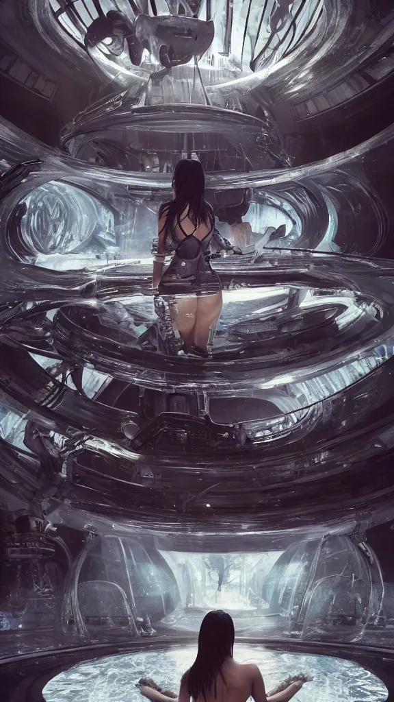 Image similar to kim kardashian inside alien water tank, attire: bikini, Polaroids, establishing action shot, ultra detailed, trending on artstation, concept art, intricate details, 8k detail, post processing, hyperealistic, octane render, led lights, full body, full shot.