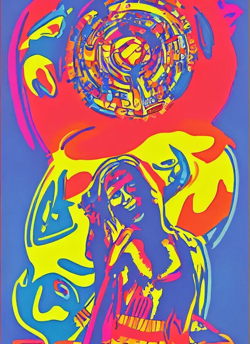 Prompt: a 6 0's style poster, hippie art in peter max colors by alex gray and karl ferris