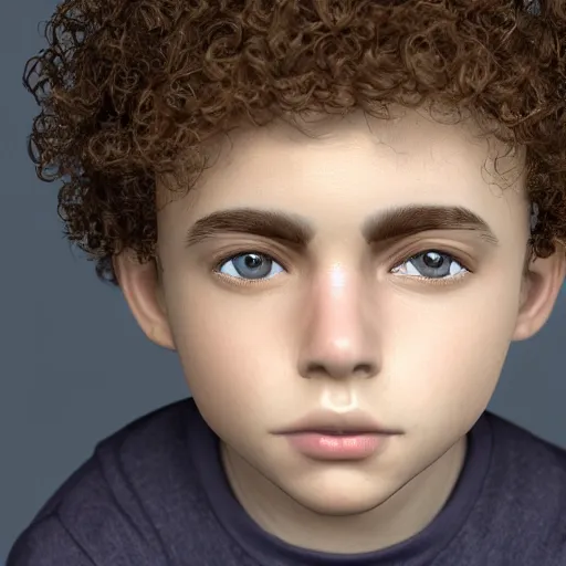 Image similar to a boy with pale skin, brown eyes and brown curly hair, extremely detailed facial structure, extremely detailed and realistic eyes, photorealistic