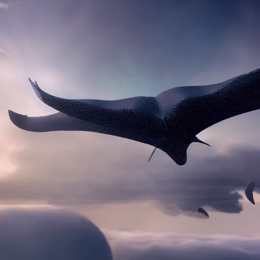 Image similar to flying whales in the clouds, extremely detailed, behrens style, unreal 5 render, fantasy digital art, octane render, dramatic lighting, beautiful composition, trending on artstation, award - winning photograph, masterpiece