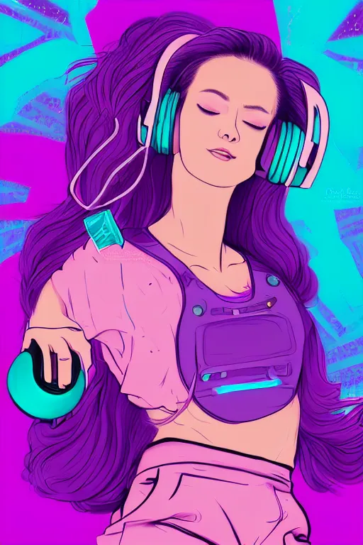 Prompt: a award winning half body portrait of a beautiful woman in a croptop and cargo pants with ombre purple pink teal hairstyle with head in motion and hair flying listenin to music on headphones by wlop, outrun, vaporware, shaded flat illustration, digital art, trending on artstation, highly detailed, fine detail, intricate