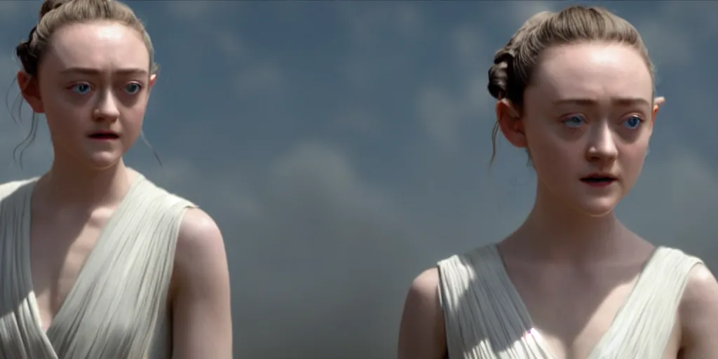 Prompt: Dakota Fanning as rey in the new star wars movie, cinematic, detailed, ultrawide