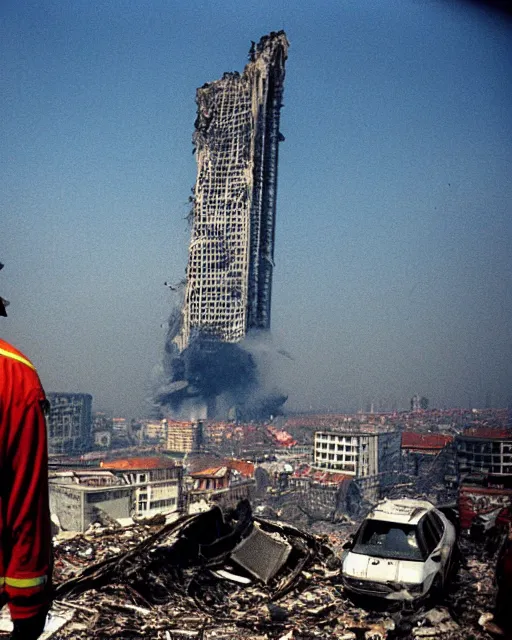 Prompt: a firefighter looks towards the heavily damaged belgrade's tallest building, 1 9 9 9