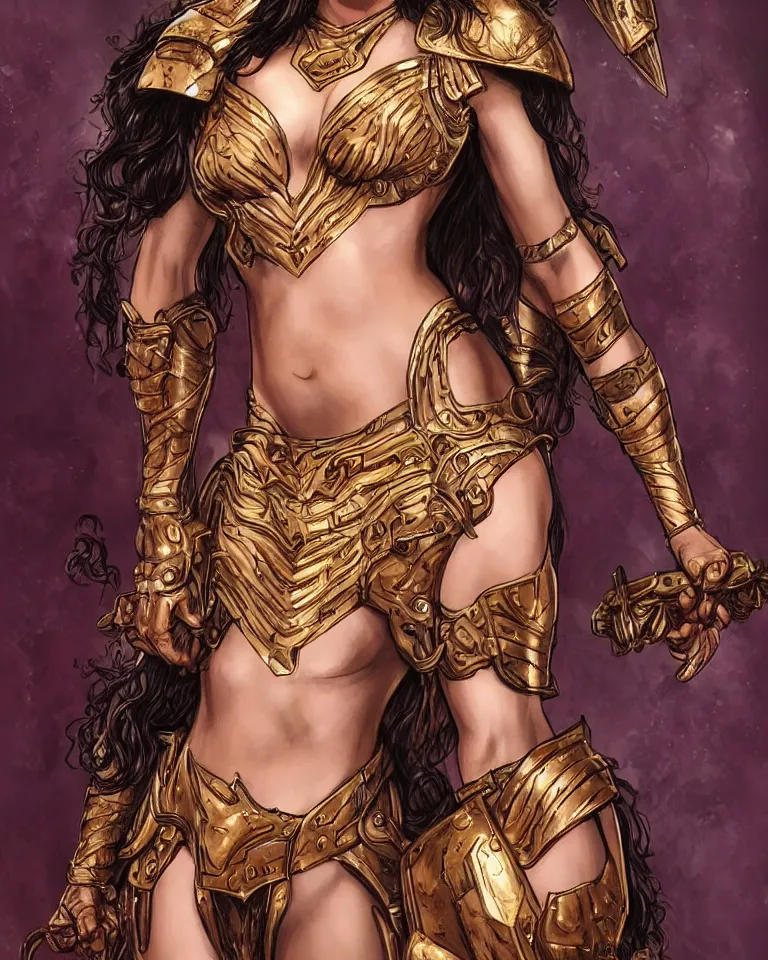 Image similar to actress and girlsway star cadence lux as an amazon warrior, a tall beautiful woman with brown skin and long hair, dressed in hellenistic body armor, intricate, elegant, highly detailed, smooth, sharp focus, detailed face, art by ardian syaf