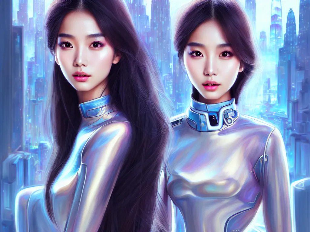 Image similar to portrait angelababy, futuristic hong kong police uniform girl, at future neon light rooftop, ssci - fi and fantasy, intricate and very very beautiful and elegant, highly detailed, digital painting, artstation, concept art, smooth and sharp focus, illustration, art by tan zi and ayanamikodon and alphonse mucha and wlop