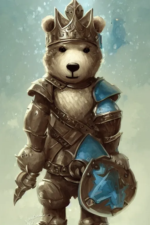 Image similar to cute little anthropomorphic bear knight wearing a cape and a crown, tiny, small, miniature bear, baby animal, short, pale blue armor, cute and adorable, pretty, beautiful, DnD character art portrait, matte fantasy painting, DeviantArt Artstation, by Jason Felix by Steve Argyle by Tyler Jacobson by Peter Mohrbacher, cinematic lighting