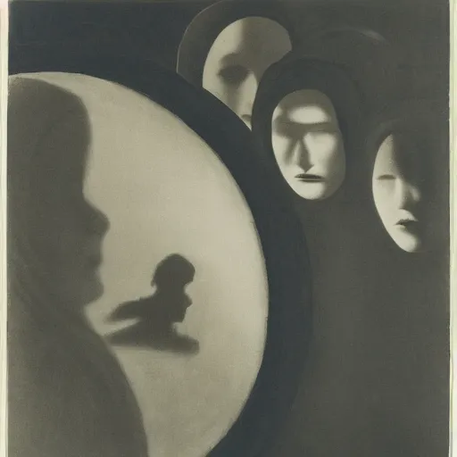 Image similar to the profile of a woman's face looking down at a group of unidentifiable humans cowering in a circle, dark mood, accentuated shadows, in style of william mortensen