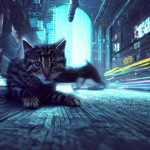 Image similar to full body pose, hyperrealistic photograph of a cyberpunk kitten, dim volumetric lighting, 8 k, octane beautifully detailed render, extremely hyper detailed, intricate, epic composition, cinematic lighting, masterpiece, trending on artstation, very very detailed, stunning, hdr, smooth, sharp focus, high resolution, award, winning photo, dslr, 5 0 mm