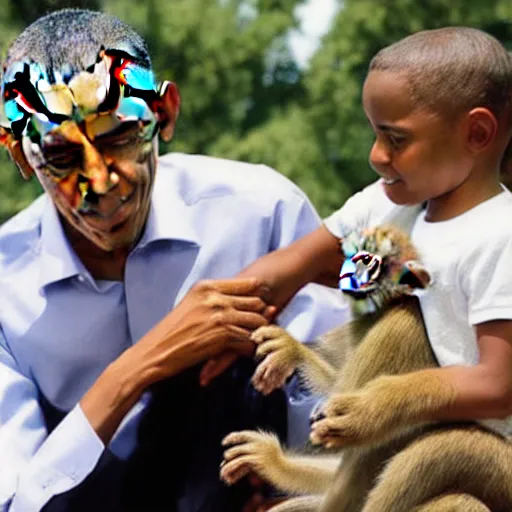 Image similar to Obama petting a cute monkey. Photo.