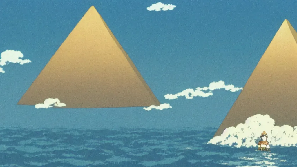 Image similar to a movie still from a studio ghibli film showing a large white pyramid and a golden ufo in the middle of the ocean. by studio ghibli