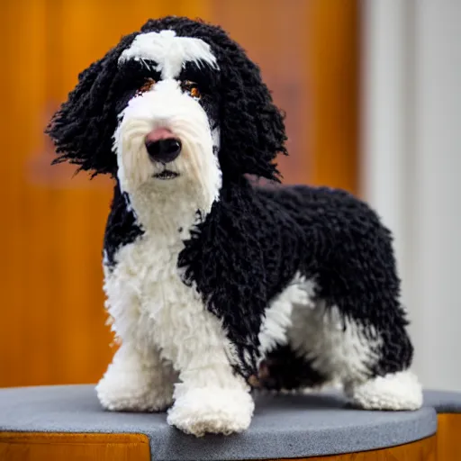 Image similar to a closeup photorealistic photograph of a cute smiling knitted bernedoodle judge dog dressed in a black gown, presiding over the courthouse. indoor image, professional capture, well lit shot. this 4 k hd image is trending on artstation, featured on behance, well - rendered, extra crisp, features intricate detail, epic composition and the style of unreal engine.