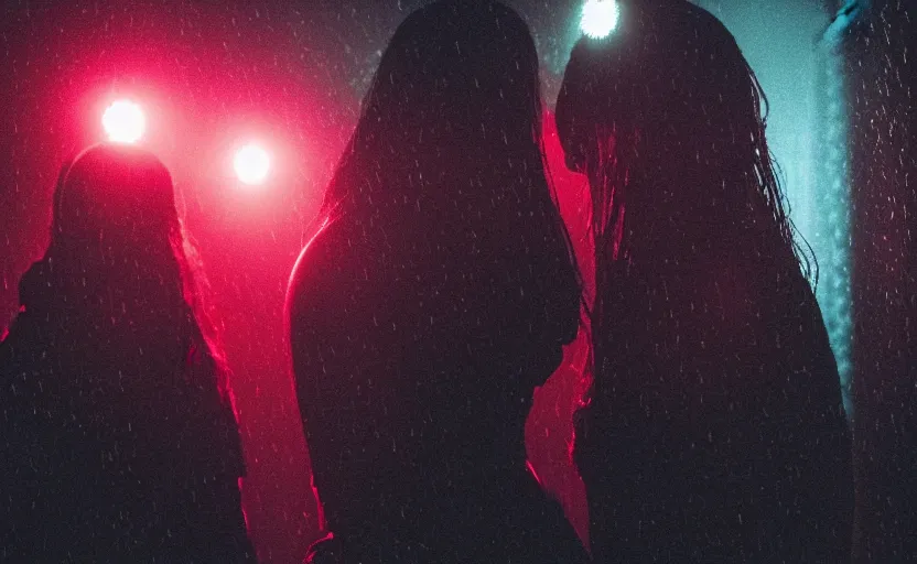 Prompt: cinestill 5 0 d candid photographic portrait by christopher nolan of two loving female androids wearing rugged black mesh techwear in treacherous waters, extreme closeup, modern cyberpunk moody emotional cinematic, pouring rain menacing red spotlight, 8 k, hd, high resolution, 3 5 mm, f / 3 2, ultra realistic faces, ex machina