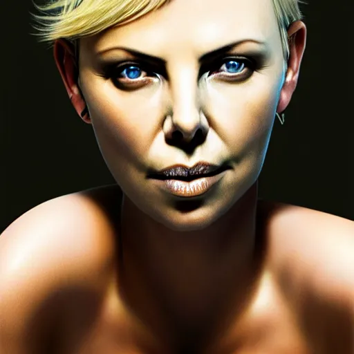 Image similar to nature photography of cherlize theron face fused with a heron fish ( ( charlize theron fish hybrid with charlize theron face ) ), charlize theron sentient fish face, by greg rutkowski