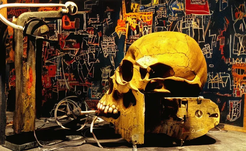 Image similar to photograph of a skull machine built by basquiat perfect composition masterpiece dramatic lighting