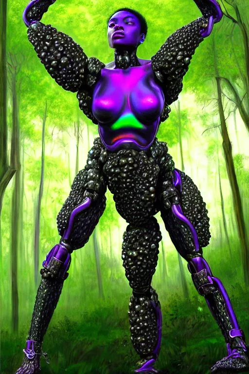 Image similar to hyperrealistic post - raphaelite super expressive! black woman with exoskeleton armor, merging with tree in a forest, highly detailed digital art masterpiece smooth cam de leon eric zener dramatic pearlescent green purple light ground angle hd 8 k sharp focus