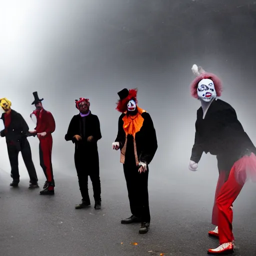 Image similar to a group of men dressed as clowns putting on makeup in a dark foggy alley