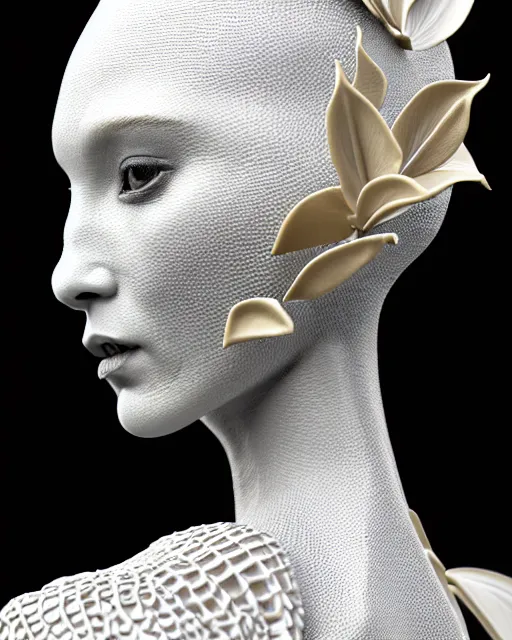 Prompt: close - up profile face, black background, 3 d render of a beautiful porcelain vegetal dragon cyborg young female, 1 5 0 mm, beautiful natural soft rim light, silver gold details, magnolia leaves and stems, roots, fine lace, mandelbot fractal, elegant, ultra detailed, white metallic armour, octane render, black and white, h. r. giger style