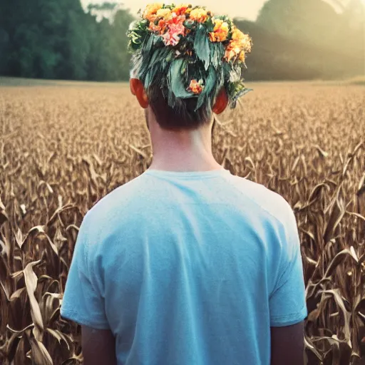 Prompt: agfa vista 4 0 0 photograph of a skinny blonde guy standing in a cornfield, flower crown, back view, grain, moody lighting, telephoto, 9 0 s vibe, blurry background, vaporwave colors!, faded!,