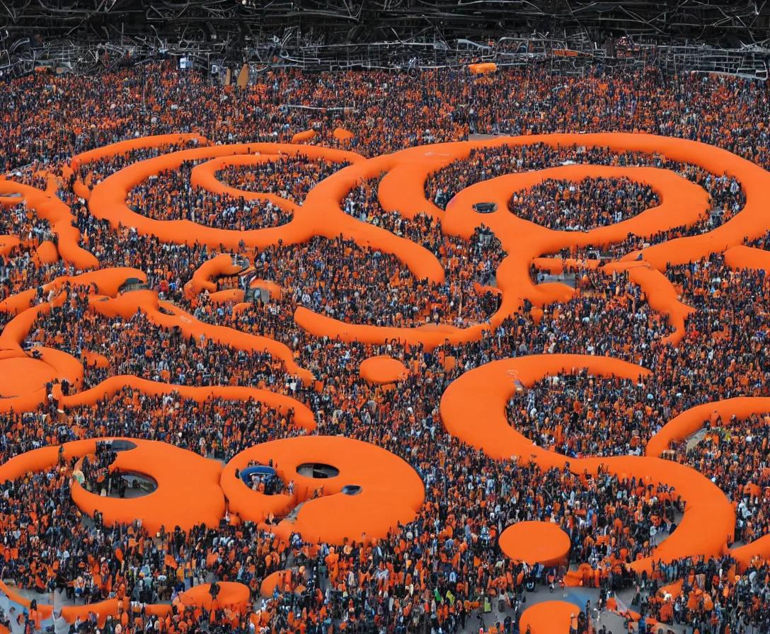 Image similar to a huge orange ring which is used for transport, in front of it are many people that want to travel with it, they have to hop on a giant moving floor to reach the ring