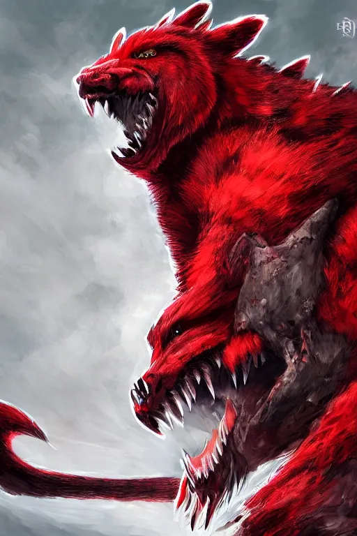 Image similar to Draconic crimson red bear with white stripes, Monster Hunter, CAPCOM, HD, trending on artstation, D&D, Dark Fantasy, Epic Fantasy, Dragon's Dogma