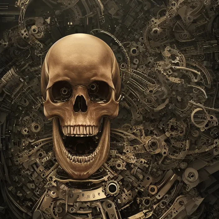 Image similar to mechanical skull, intricate abstract. sharp teeth. delicate artwork. by Tooth Wu, wlop, beeple, dan mumford. octane render, trending on artstation, greg rutkowski very coherent symmetrical artwork. cinematic, hyper realism, high detail, octane render, 8k, depth of field, bokeh. chrome accents.