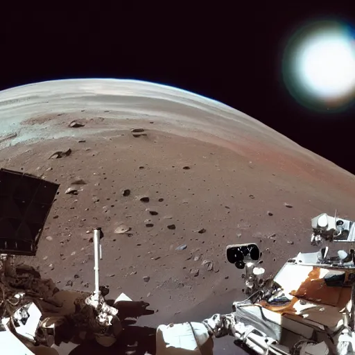 Prompt: extremely detailed photo of carl sagan looking through visor of spacesuit, mars rover in background