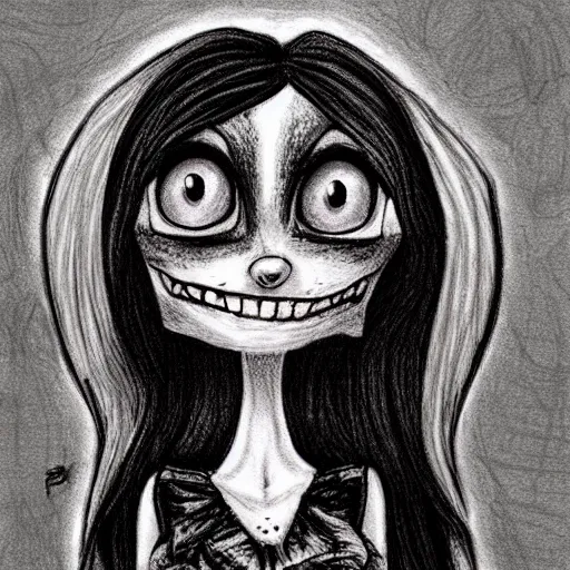 Prompt: grunge drawing of a cartoon dog with big eyes and a wide smile by mrrevenge, corpse bride style, horror themed, detailed, elegant, intricate