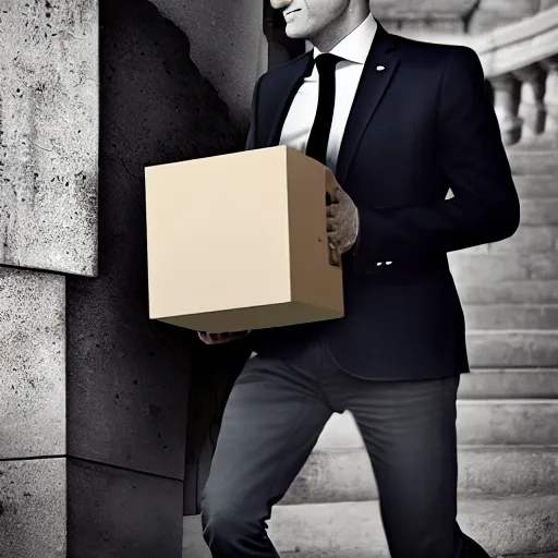 Image similar to photography, emmanuel macron carrying a box, relocation, ultra realistic, concept art, intricate details, highly detailed, photorealistic