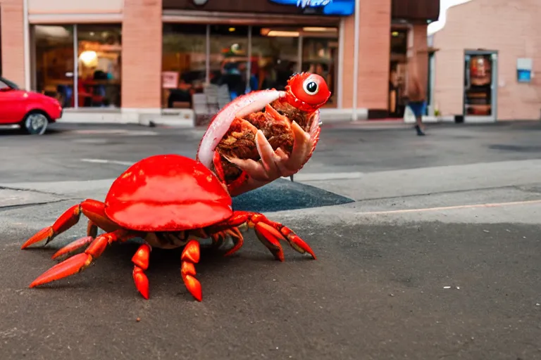 Image similar to person dressed up like a cute crab, in 2 0 1 8, at an arbys, street style, royalcore, low - light photograph, photography by tyler mitchell