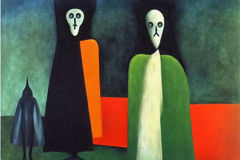 Image similar to born under a bad sign, good luck and trouble are my only friends, colors orange, white!!, dark green, dark blue, abstract oil painting by leonora carrington, by max ernst