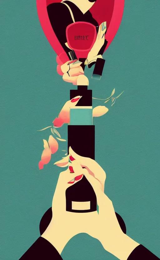 Image similar to illustration with hand holding beautiful bottle of perfume near nose, sniffing the aroma, an art deco painting by tom whalen, trending on behance, art deco, digital illustration, storybook illustration, grainy texture, flat shading, vector art, airbrush, pastel, watercolor, poster