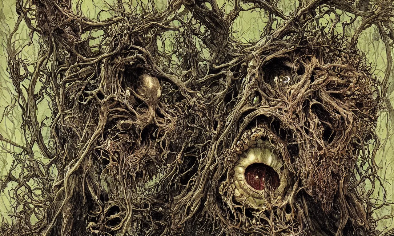 Image similar to hyperdetailed art nouveau portrait of treebeard as a chimera eyeball skull dragon monster, by micheal whelan, simon bisley and bill sienkiewicz, grim yet sparkling atmosphere, photorealism, thorns, claws, teeth, fangs, night in the forest, wild, crazy, scary, horror, lynn varley, lovern kindzierski, steve oliff