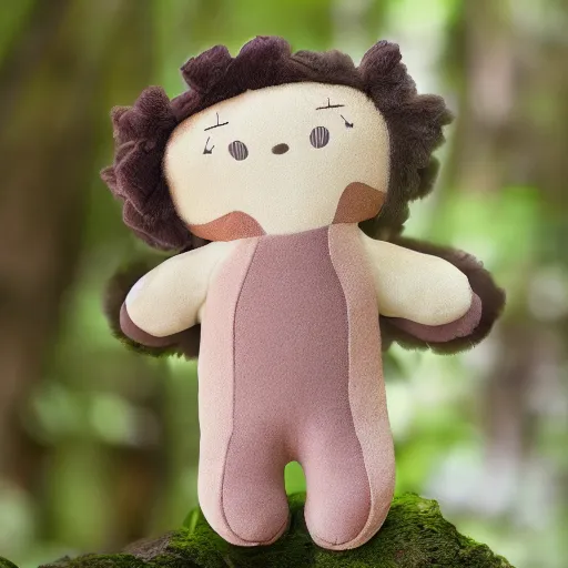 Prompt: a happy dear plush doll with forest background