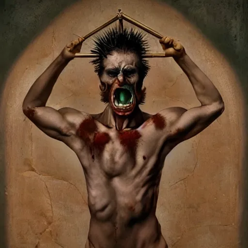 Prompt: the blasphemous caricature of the male body, hyperealistic detailed photography, divinity, awful, religious art