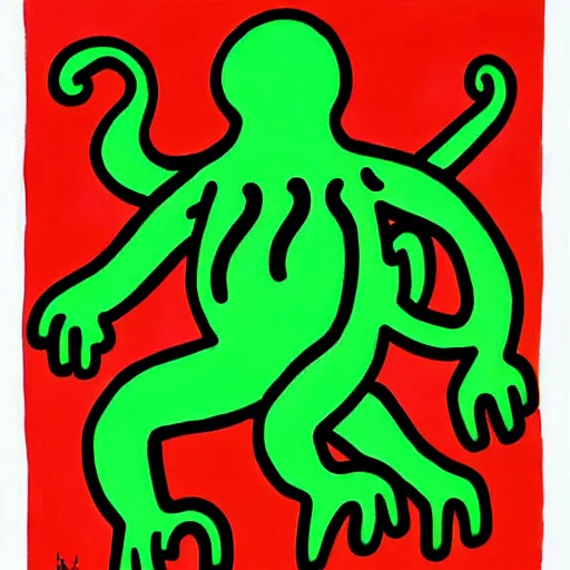 Prompt: minimalist painting of cthulhu, by keith haring