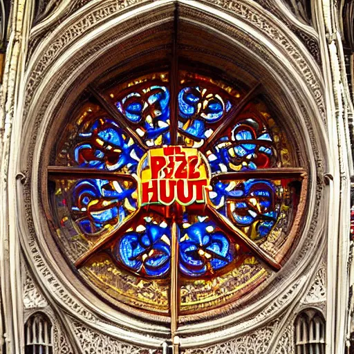 Prompt: photo of Notre Dame Cathedral as a Pizza Hut