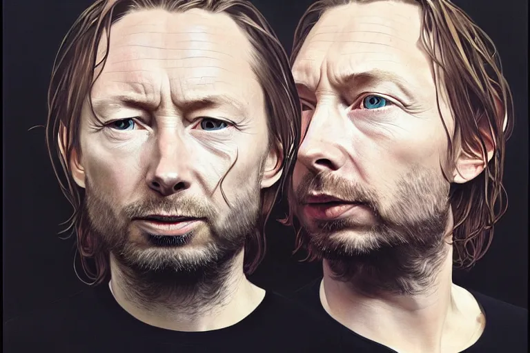 Prompt: hyper realistic portrait of wider faced thom yorke, bigger nose, bigger forehead, bigger chin, on a stage, by lee bermejo, alphonse mucha and greg rutkowski