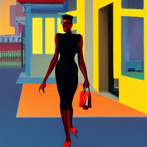 Image similar to a portrait painting of Grace Jones walking down a lit up street in the evening, in the style of Edward Hopper, 4k,