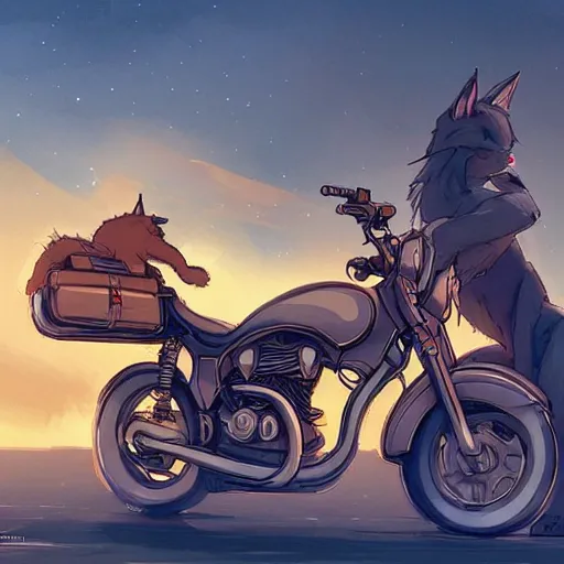 Image similar to cute fluffy caracal riding a harley motorcycle, road, sunset. adventurous, atmospheric lighting, stunning. by makoto shinkai, rossdraws, james jean, andrei riabovitchev, marc simonetti, krenz cushart, trendig on artstation, digital art