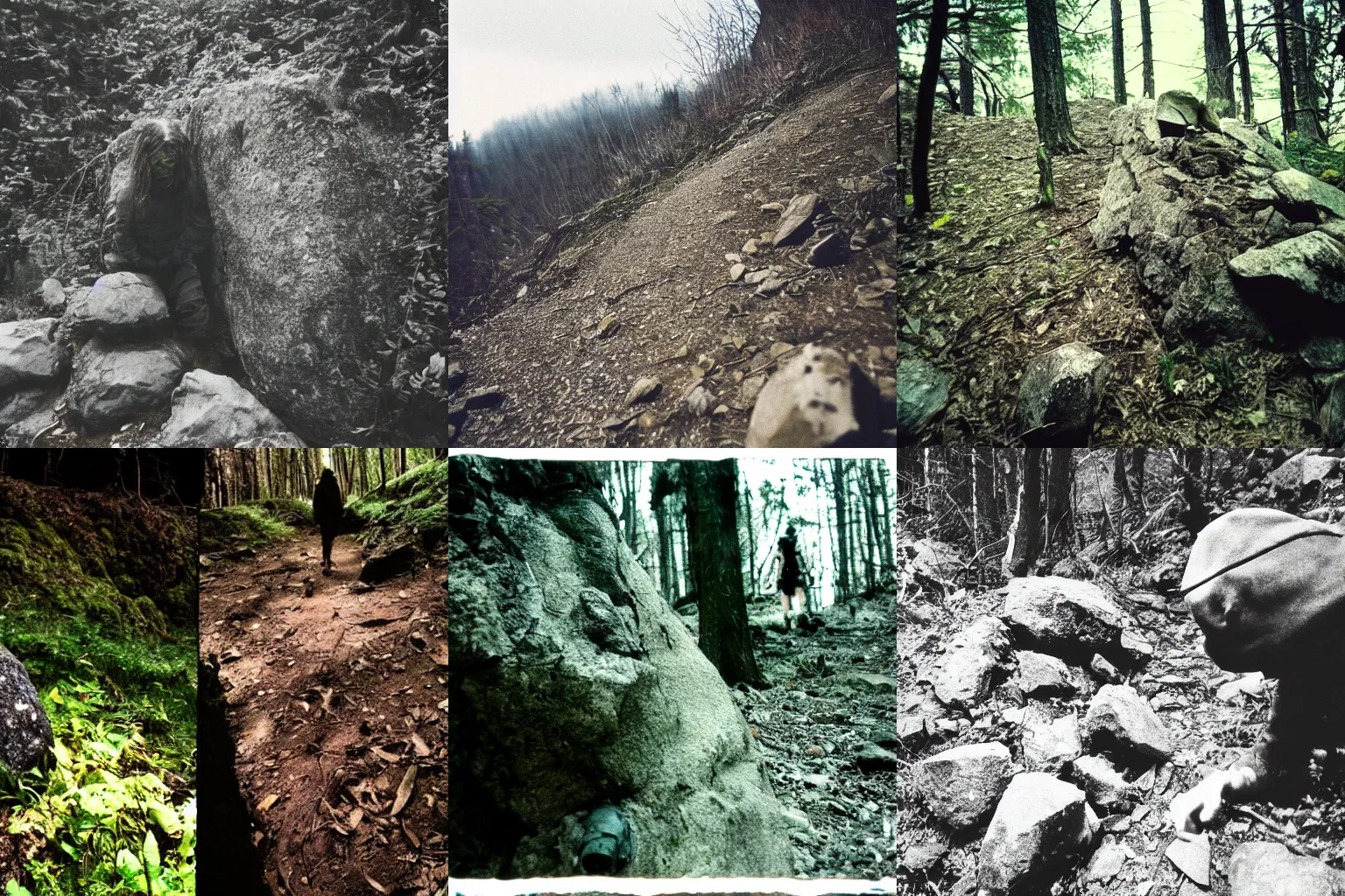 Prompt: creepy found footage of a monster hiding behind a rock in the background of a hiker's path, taken with 3 5 mm film