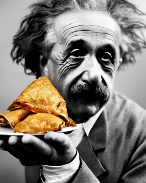 Prompt: A photo of Albert Einstein with a plate full of Samosas, highly detailed, trending on artstation, bokeh, 90mm, f/1.4