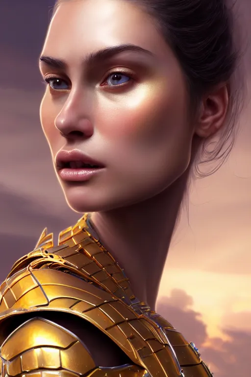 Prompt: professional digital art of a hyper realistic and highly detailed beautiful woman in a beautiful complexe and sexy golden armor. girl's face is hyper realistic and highly detailed. head and shoulders view greg rutkowski, zabrocki, karlkka, jayison devadas, intricate, trending on artstation, 8 k, unreal engine 5, pincushion lens effect