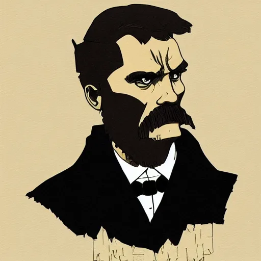 Prompt: Friedrich Nietzsche Gigachad with chiseled jawline, Mike Mignola, Tomer Hanuka, character art, trending on artstation