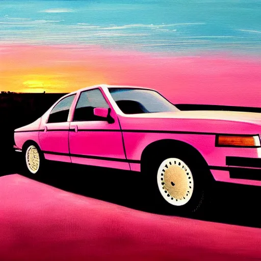 Image similar to an old 1 9 8 0 s car parked off the road, sunset, ocean in distance, pink, oil painting, pale colors, high detail, 8 k, wide angle, trending on artstation,